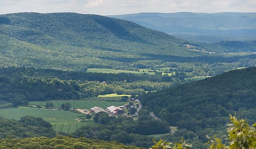 An aerial view of the surrounding countryside from on top of haystack mountain in Norfolk Connecticut litchfield county.