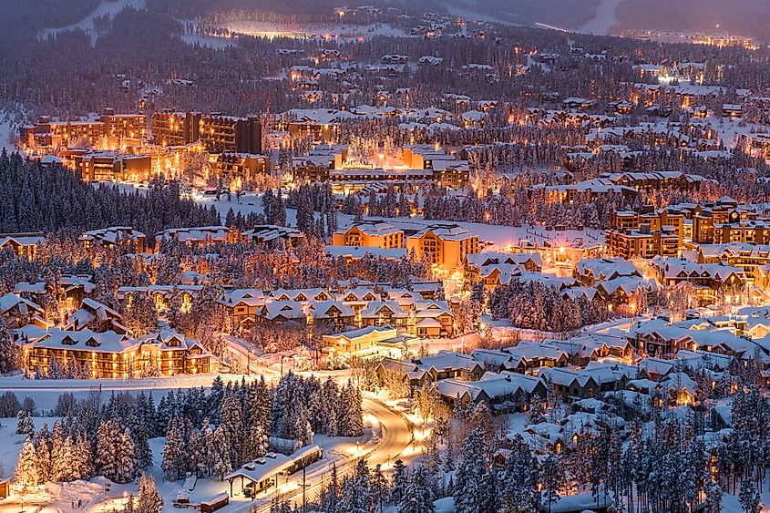 Breckenridge, Colorado, USA, town skyline in winter at dusk.