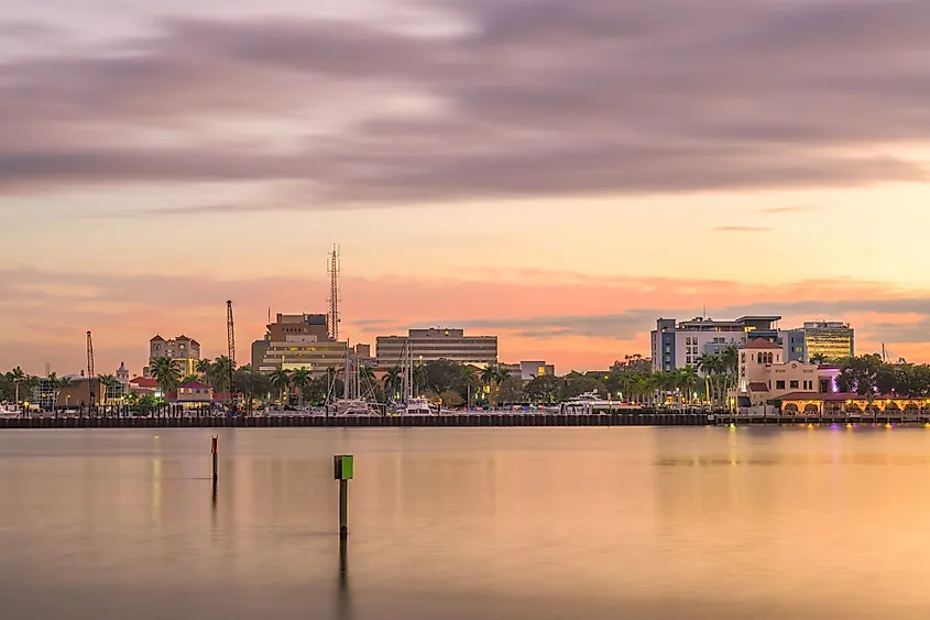 Bradenton, Florida, downtown on the Manatee River at dusk. 