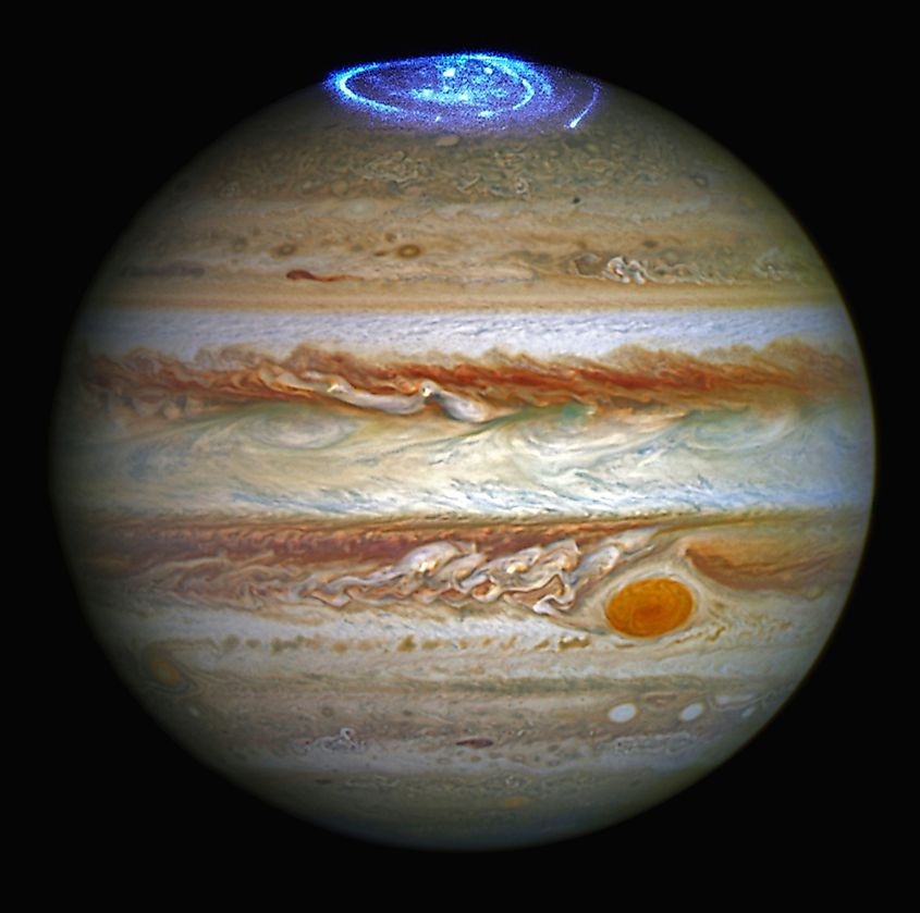 Hubble captures vivid auroras in Jupiter's atmosphere.