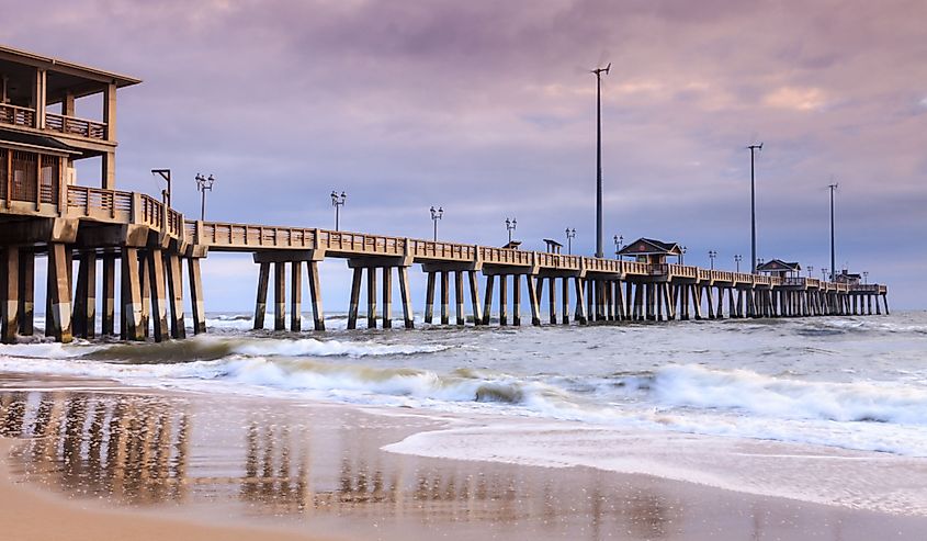 Jennette's fishing pier is an all concrete, 1000 foot long iconic landmark on the shores of the Atlantic Ocean in Nags Head, North Carolina