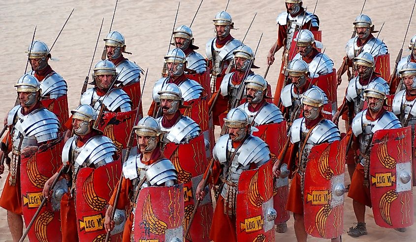 Jordanian men dress as Roman soldier during a roman army reenactment show on November 25, 2009 in Jerash, Jordan