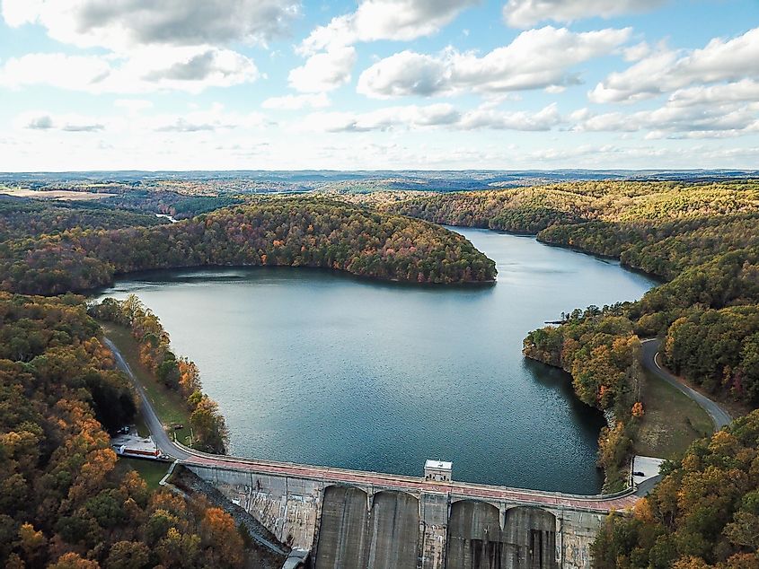 Aerial view of Pretty Boy Reservoir Dam in Hampstead, Maryland during Fall