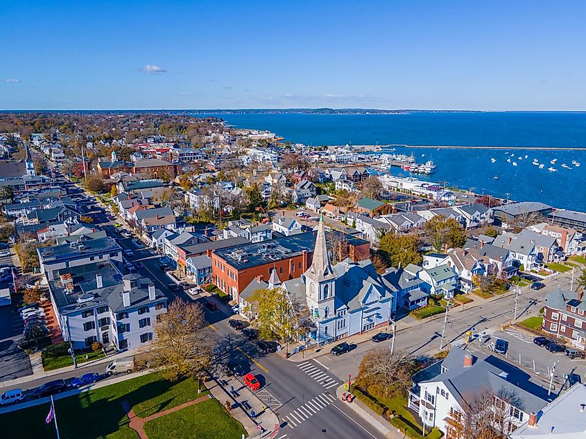 Spire Center for Performing Arts aerial view at 25 Court Street in fall, Plymouth, Massachusetts, USA.