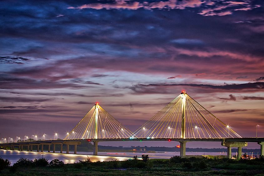 Sunset over Clark Bridge on Mississippi river Alton, IL