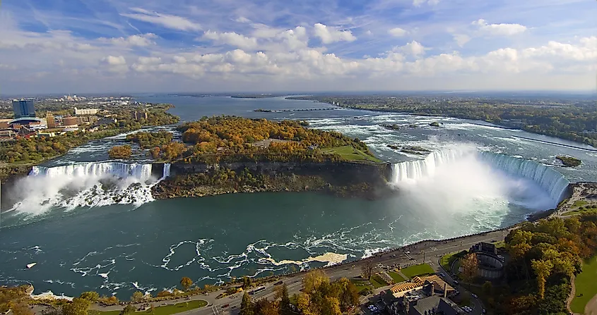 The Niagara River and Niagara Falls between Lake Erie and Lake Ontario.