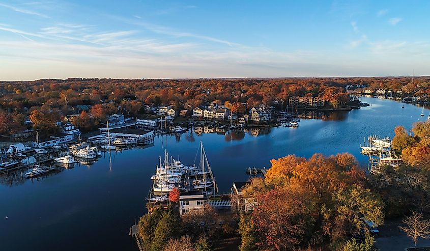 An aerial view of historic Annapolis, situated on the Chesapeake Bay, during an early November morning