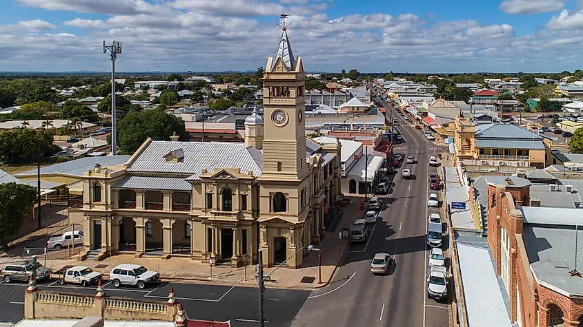 The historic main street and clock tower in Charters Towers, Queensland.
