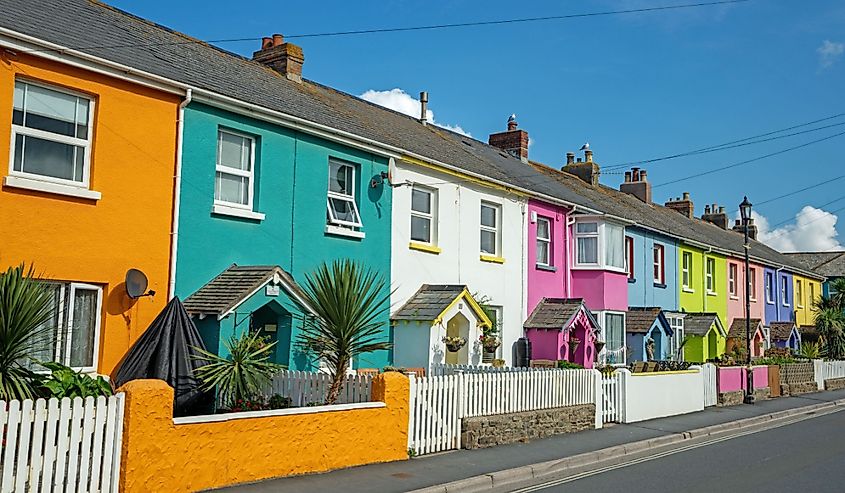 Westward Ho, Devon, brightly painted houses near the sea front.