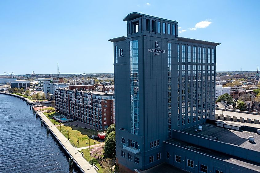 Aerial view of downtown Portsmouth, Virginia, waterfront