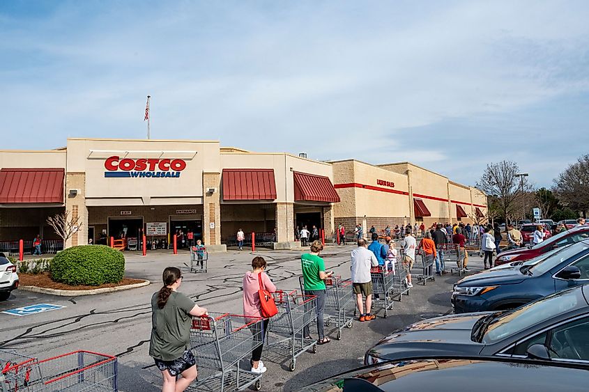 Shoppers waiting in line to get into a Costco store in Hoover, Alabama