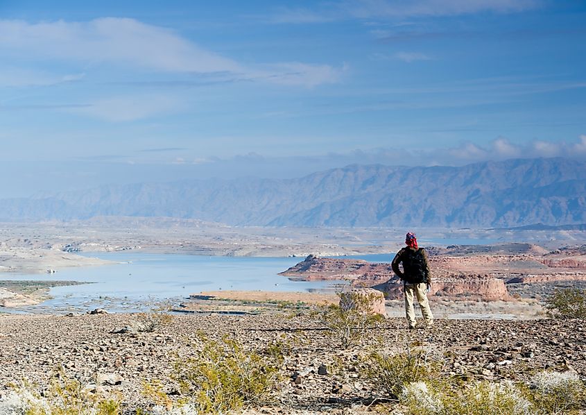 Backpackers in Lake Mead. Editorial Credit: