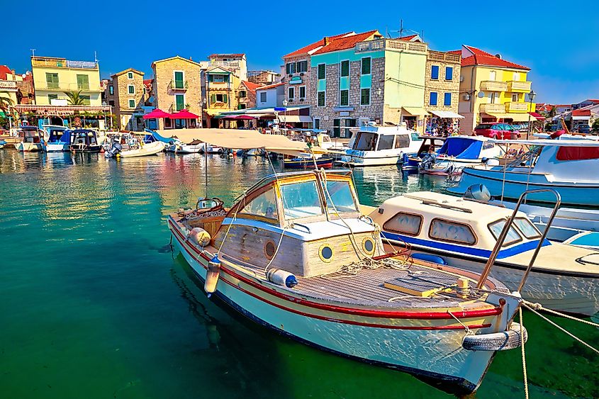 Town of Vodice tourist waterfront view, Dalmatia region of Croatia