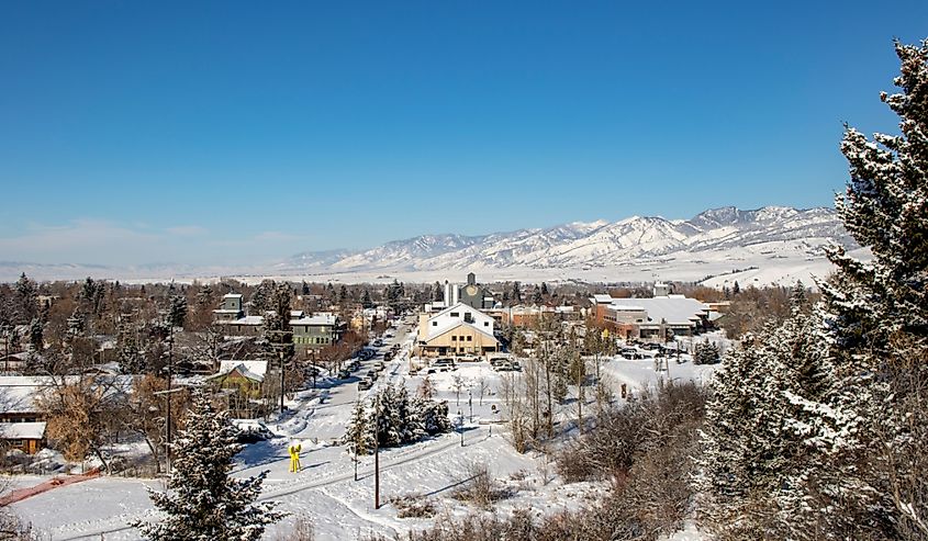 Downtown scenic view of Bozeman, Montana with snow covered land
