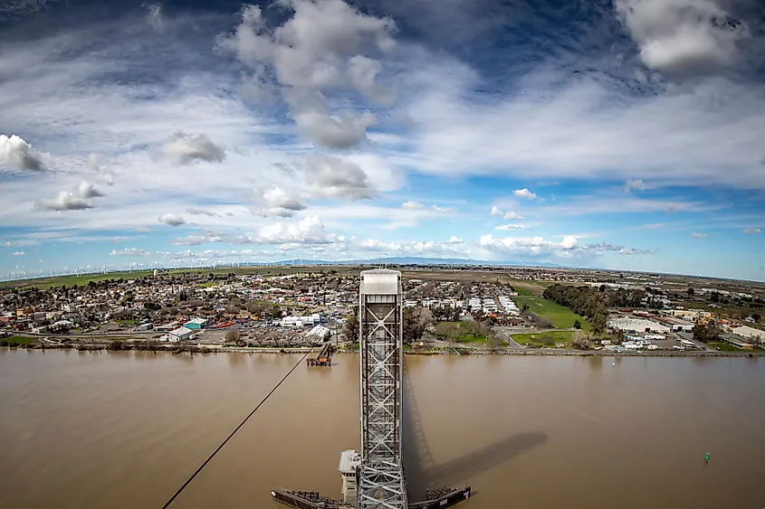 Aerial view of Rio Vista, California from the top of Rio Vista Bridge