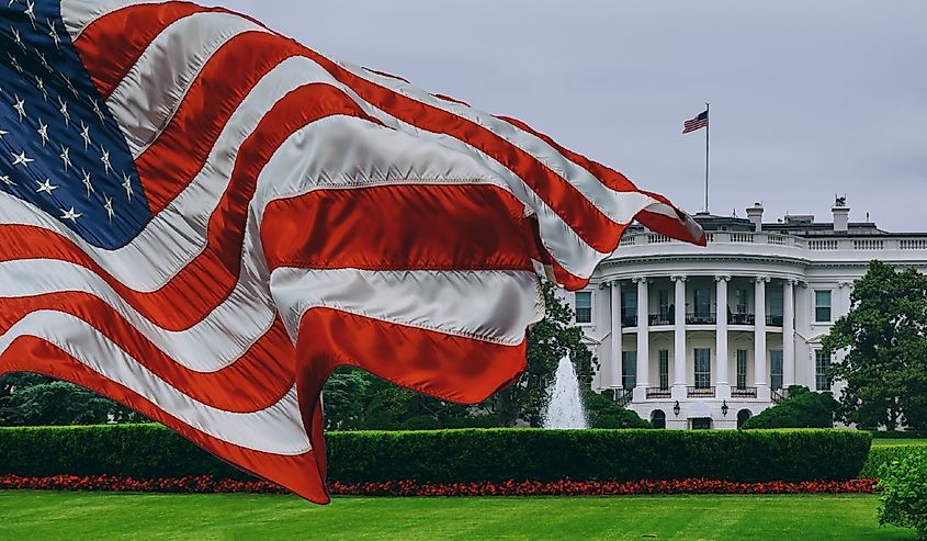 The White House, Washington DC United States with the united states flag in front