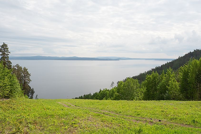 Bratsk Reservoir on the Angara River near Bratsk hydroelectric plant, Siberia, Russia.
