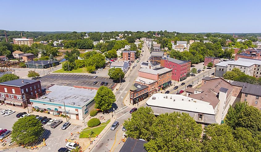 Woonsocket Main Street Historic District aerial view in downtown Woonsocket, Rhode Island RI, USA.