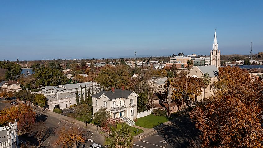 Afternoon aerial view the downtown area and surrounding neighborhoods of Marysville, California, USA.