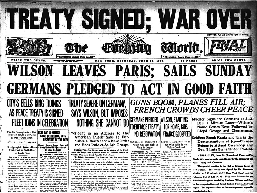 A newspaper article after the treaty of Versailles was signed