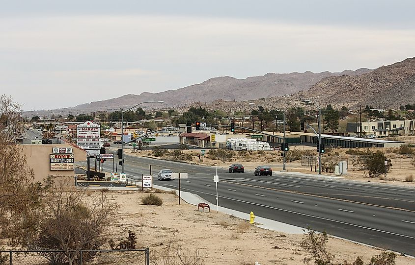 Twentynine Palms Highway (State Route 62) in Joshua Tree, California.