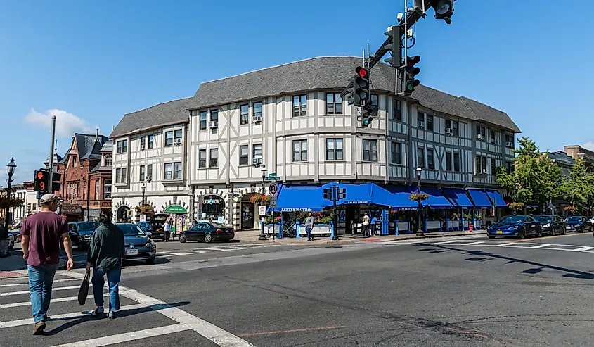 A couple crosses at the intersection in downtown Sleepy Hollow in New York state.