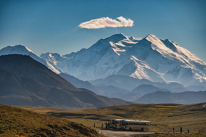 Mount Denali looms above pulloff from Denali National Park road.