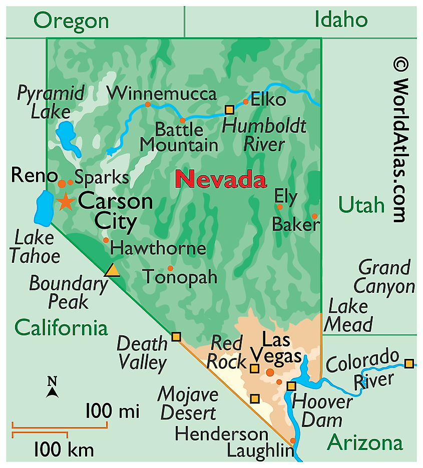 Physical map of Nevada showing the Mojave Desert, the Great Basin, and Lake Tahoe.