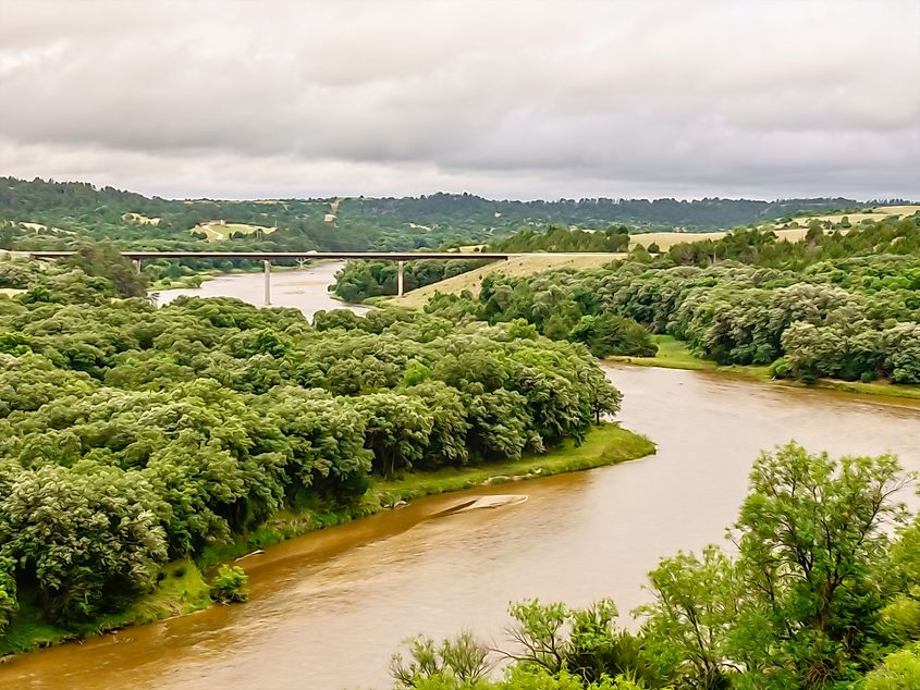 Aerial view of Niobrara River and traffic bridge along Nebraska Highway 12, also known as Outlaw Trail Scenic Byway, outside Valentine, Nebraska