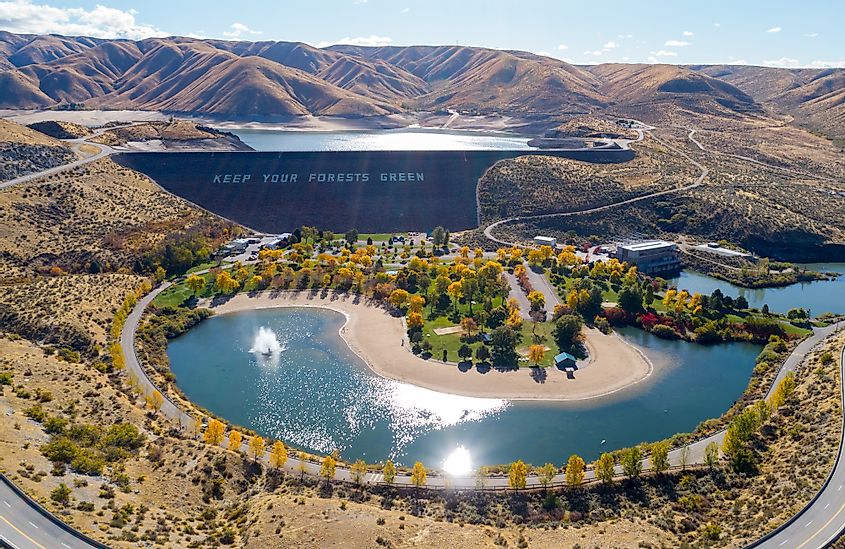 Elevated view of an earthen Dam on the Boise River