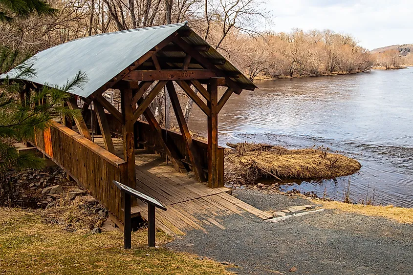 Covered bridge on a spring day in Taylors Falls, Minnesota, on the St. Croix River