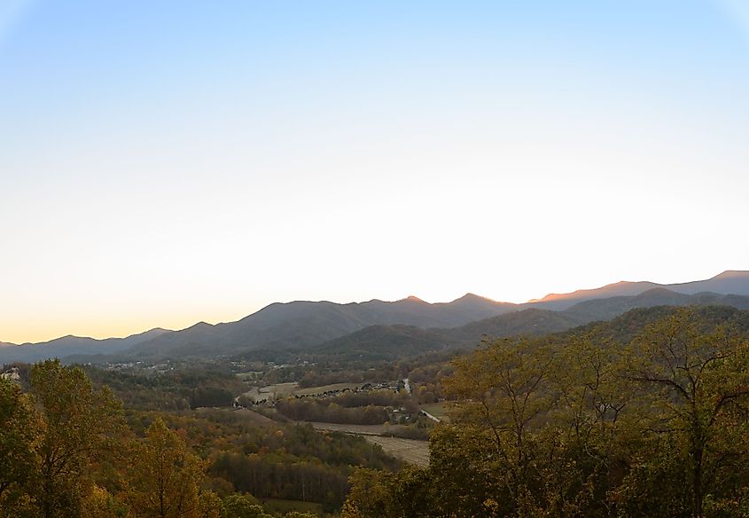 Panoramic sunset on North Georgia mountains facing homes in Dillard, Georgia