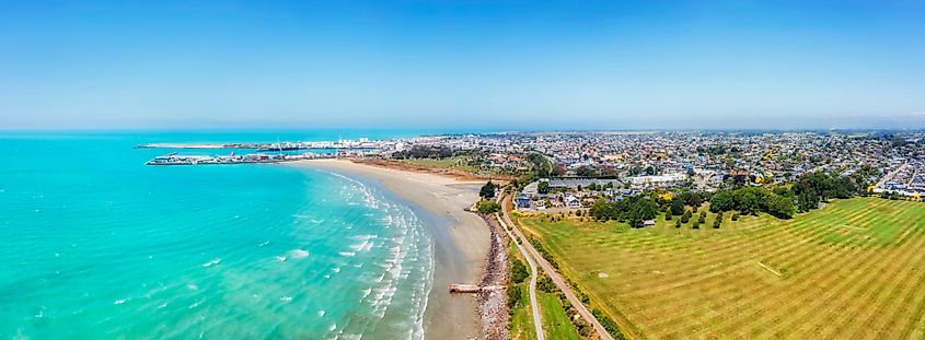 Timaru industrial port town on Pacific East coast of South Island in New Zealand.