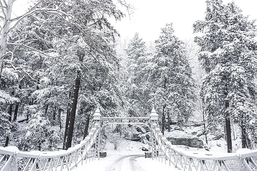 The historic silver Suspension Bridge in Mill Creek Park, Youngstown, Ohio