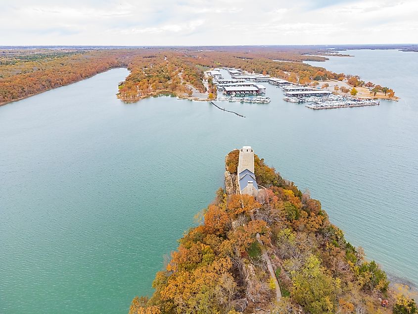 Tucker Tower and the Lake Murray Marina, in Oklahoma.