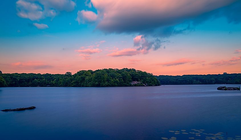 Sunset over Olney Pond at Lincoln State Park in Providence County, Rhode Island.