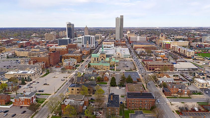 Colorful buildings, businesses and churches line up by the streets in this aerial view of Fort Wayne, Indiana
