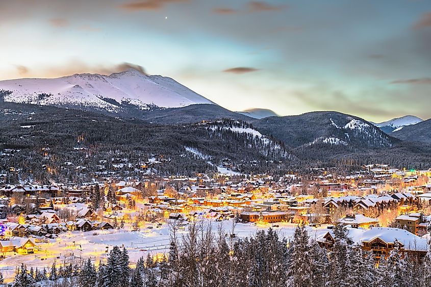 Breckenridge, Colorado, USA town skyline in winter at dawn.