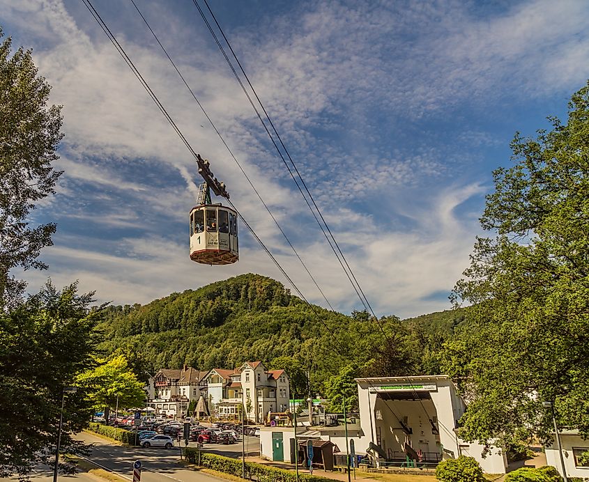The historic cable car with a view of the valley station, Bad Harzburg, Lower-Saxony, Germany.