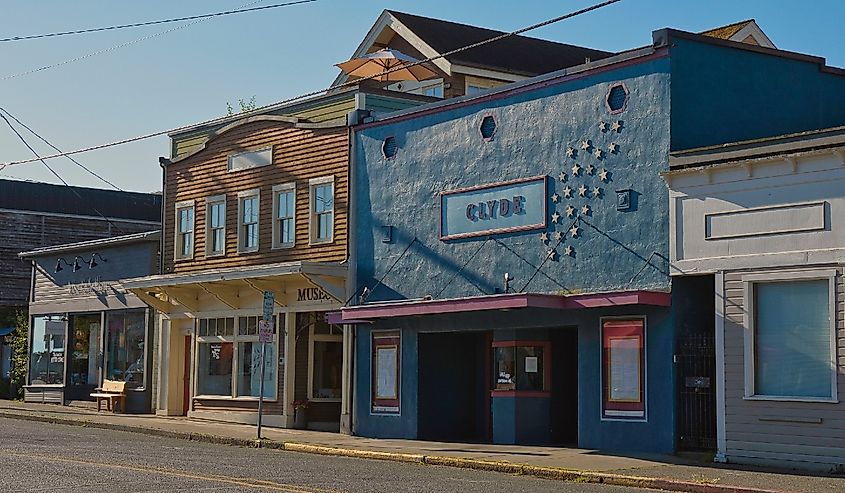 Blue exterior of the Clyde Community Theatre in Langley, Washington.