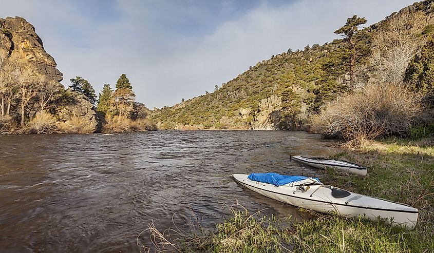 expedition canoes on North Platte River in Wyoming below Bennet Peak campground near Saratoga