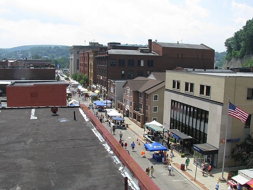 Overhead view of buildings in the downtown commercial historic district. in Oil City, Pennsylvania