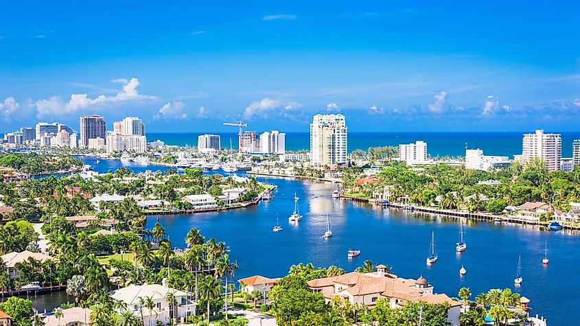Fort Lauderdale, Florida skyline over Barrier Island.