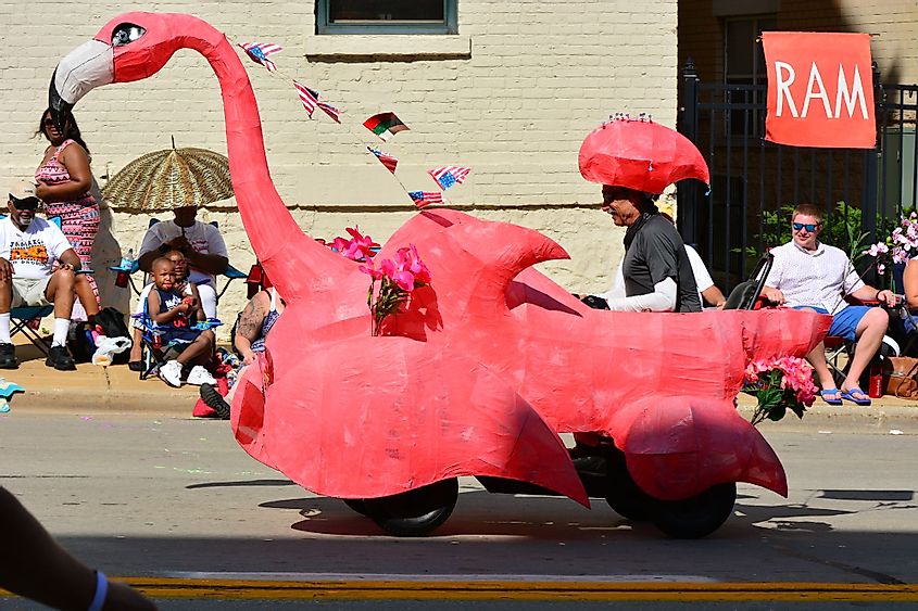 The Racine Art Museum pedal floats racing through the parade in Racine, Wisconsin.