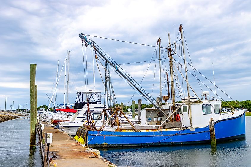 A fishing boat in a harbor at Wellfleet, Massachusetts