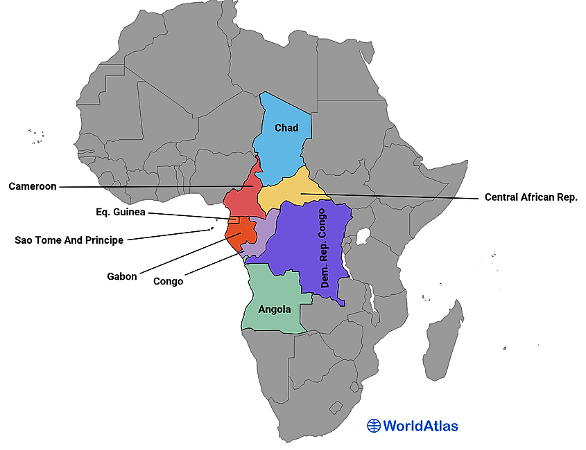 Map showing the 9 countries of Middle Africa