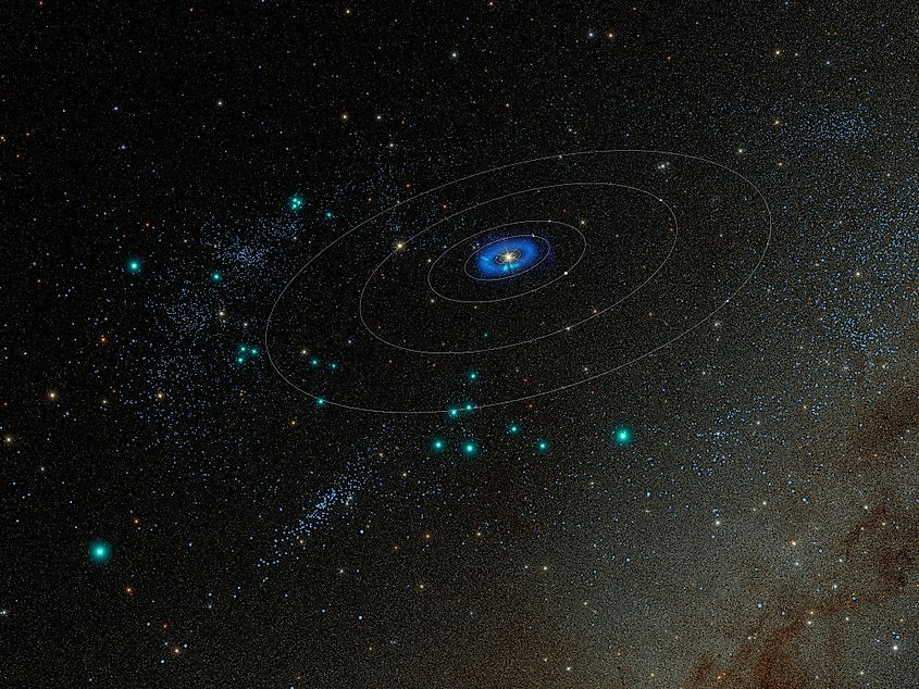 A model of the solar system shows trans-Neptunian objects discovered using Rubin observations, including icy bodies orbiting beyond Neptune.