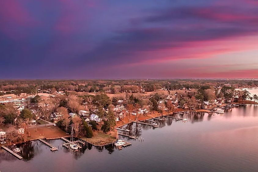 Aerial view of Bath, North Carolina at sunset.