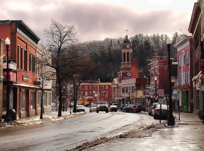 The beautiful small village of Saranac Lake, New York located in the Adirondack State Park in wintertime, via 