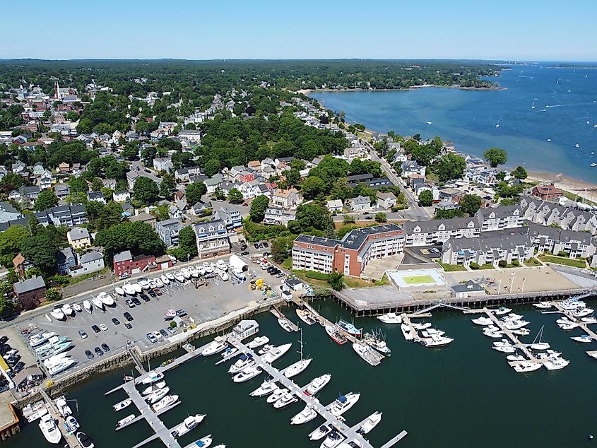 Aerial view of Beverly Port Marina at Sandy Point in city of Beverly, Massachusetts